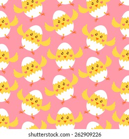 Seamless Easter pattern with cute yellow chicks in broken Easter eggs over pink background