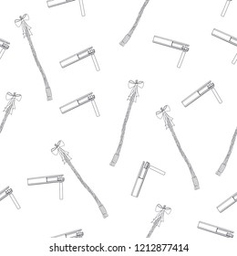 Seamless easter pattern - Czech whip and traditional instrument - wooden rattle - clapper -ratchet black and white outlines Ideal for wrapping paper, greeting cards, textile, wallpapers and decoration