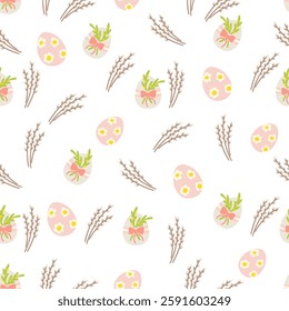Seamless Easter pattern with decorated eggs, willow branches, and floral elements vector illustration