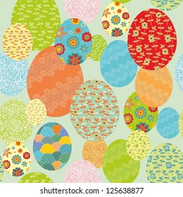 Seamless easter pattern with decorative eggs, whote flowers, on white background