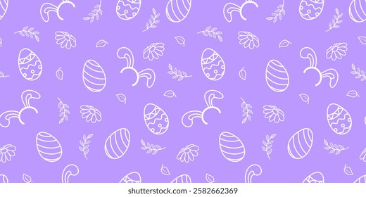 Seamless Easter pattern with decorative eggs and floral elements on a pastel purple background. Festive spring design with hand-drawn ornamental details, perfect for holiday wrapping, textiles.