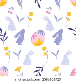 Seamless Easter pattern with decorative eggs, Easter bunny, flowers, berries and leaves in trendy flat style. Easter celebration concept for design, textile, wallpaper, and print