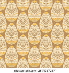 Seamless Easter pattern with decorative eggs adorned with elegant designs and ornaments. Perfect for holiday cards, packaging, textiles, and decor.