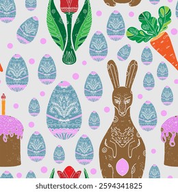 Seamless Easter pattern with decorative eggs, flowers, and festive elements. Perfect for packaging, textiles, greeting cards, holiday decorations, and creative projects.