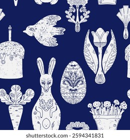 Seamless Easter pattern with decorative eggs, flowers, and festive elements. Perfect for packaging, textiles, greeting cards, holiday decorations, and creative projects.