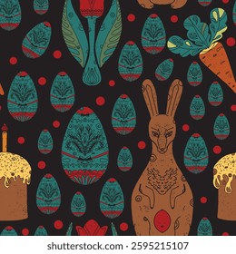 Seamless Easter pattern with decorative eggs, flowers, and festive elements. Perfect for packaging, textiles, greeting cards, holiday decorations, and creative projects.