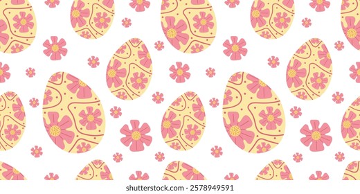 Seamless Easter pattern with decorative pastel eggs, pink flowers, vintage floral ornaments, and delicate swirls on white background. Festive seasonal illustration in vector Easter atmosphere style.