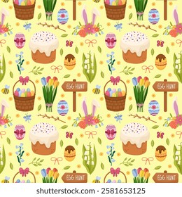 Seamless Easter pattern with different cartoon elements on yellow background. Easter symbols, animals, Easter, Easter eggs, pussy willow, bunny and others. Vector cute children's illustration