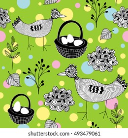 Seamless Easter pattern with doodle birds on the grass. Vector illustration.