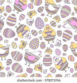 Seamless easter pattern with doodle elements. Eggs, hen, chicken with hand drawn ornament. Cute background for babies.
