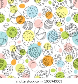 Seamless Easter pattern with doodle ornamental eggs and colorful confetti. Vintage spring easter holiday colorful background. Eggs with flowers, stripes, dots, leaves