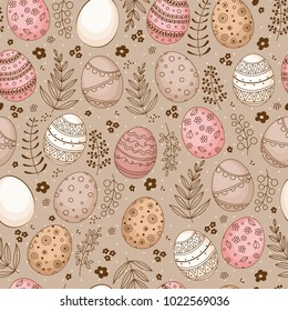 Seamless Easter pattern with doodle ornamental eggs and floral motifs. Vintage spring easter holiday colorful background. Eggs, flowers, branches and berries. 