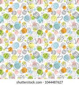 Seamless Easter pattern with doodle ornamental eggs and colorful confetti. Vintage spring easter holiday colorful background. Eggs with flowers, stripes, dots, leaves