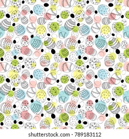 Seamless Easter pattern with doodle ornamental eggs and colorful confetti. Vintage spring easter holiday colorful background. Eggs with flowers, stripes, dots, leaves