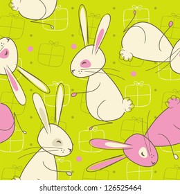 Seamless Easter pattern with doodle rabbit and presents