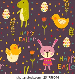 Seamless Easter pattern with egg, chicken and rabbit. Seamless baby background.