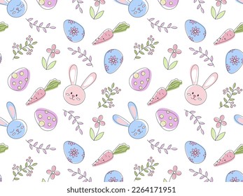 Seamless Easter pattern with eggs and bunnies in pastel colors. Pattern from eggs and twigs of plants and rabbits. Vector illustration for fabric, backgrounds, packaging