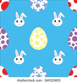 Seamless easter pattern with eggs and bunnies on blue background