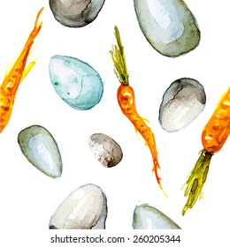 Seamless Easter pattern with eggs and carrots. Watercolor background. 100% vector illustrated