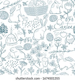 Seamless Easter pattern with eggs, chicken, rabbit and flowers.