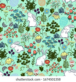 Seamless Easter pattern with eggs, chicken, rabbit and flowers.