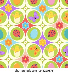 Seamless Easter pattern with easter eggs, chicken, ladybug, butterfly and flowers in blue, yellow, green, red, white. Perfect vector for birthday, wedding, congratulation, invitation, greeting cards.