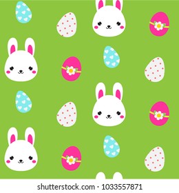 Seamless Easter pattern with eggs and cute rabbit face. Backdrop for seasonal design and gift wrapping
