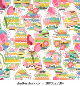 Seamless  easter pattern with eggs and flowers