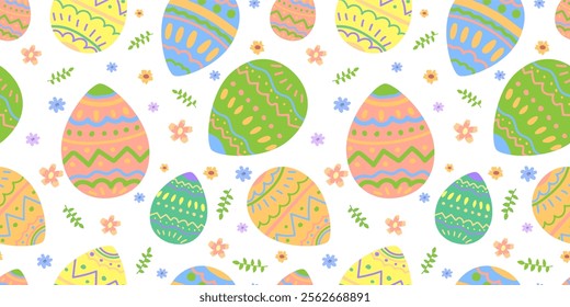 Seamless Easter pattern with Easter eggs flowers and sprigs of leaves