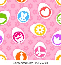 Seamless Easter pattern with Easter eggs and Easter icons over pink floral background