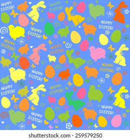 Seamless Easter pattern with eggs, rabbit, flowers on white background. Vector Illustration 