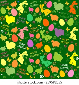 Seamless Easter pattern with eggs, rabbit, flowers on white background. Vector Illustration 