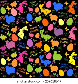 Seamless Easter pattern with eggs, rabbit, sheep, lamb,  flowers on white background. Vector Illustration 