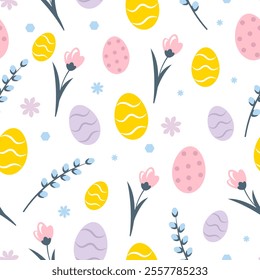 Seamless Easter pattern with eggs and tulips