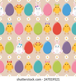 Seamless Easter pattern with easter eggs,chicken,rabbit and flowers in blue,yellow,green,red,violet on beige background.Perfect vector for birthday,wedding, congratulation,invitation,greeting cards.