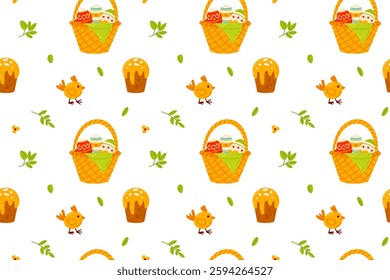 A seamless Easter pattern featuring baskets filled with eggs, traditional festive cakes, and cute little chicks on a white background. Ideal for wrapping paper, fabrics, and festive decor.