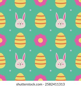 Seamless Easter pattern featuring bunny faces, decorated eggs, and flowers in a cute and festive style. Perfect for holiday designs, textiles, and greeting cards.