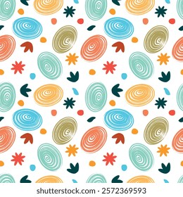 Seamless Easter pattern featuring colorful abstract swirls, flowers, playful shapes, and festive elements. Hand drawn with brush effect