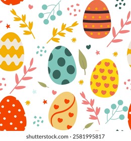 Seamless Easter pattern featuring colorful flat-style Easter eggs and delicate flowers on a cheerful background. This festive design is perfect for holiday wrapping paper, textiles, greeting cards, an