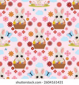 Seamless Easter pattern featuring cute bunnies in baskets, spring flowers, butterflies, and pastel elements. Ideal for holiday decorations, kids' textiles, and festive designs