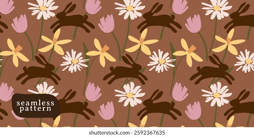 A seamless Easter pattern featuring dark brown rabbit silhouettes, pastel flowers, and an earthy background, perfect for textiles.