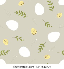  Seamless Easter pattern with floral elements, chicken and quail eggs. Ornament from white Easter eggs. Square for festive decoration. Flat vector illustration.