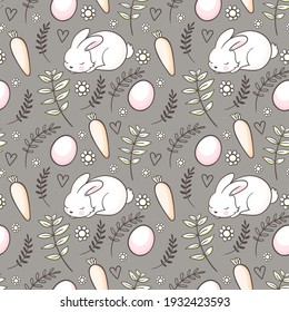 Seamless Easter pattern with floral motifs, flowers, easter eggs, bunny and carrot. Vintage spring easter holiday pastel background. Hand drawn eggs, flowers, willow branches.Cute Easter illustration.