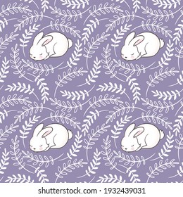 Nahtloses Ostermuster mit Blumenmotiven und süßem Babybunny. Vintage Frühling Osterhintergrund. Handgezeichnete, sonnige und blumengeschmückte Elemente. Schöne Ostergrafik. Geräumiges Muster für Ostern.
