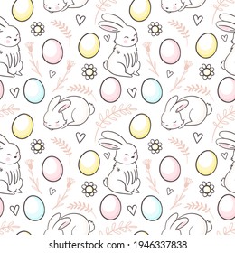 Seamless Easter pattern with floral motifs, flowers, easter eggs, bunnies. Vintage spring easter holiday pastel background. Hand drawn eggs, flowers, willow branches.Cute Easter illustration.