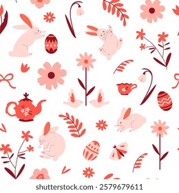Seamless Easter pattern with flowers, leaves, rabbits, eggs, teapot, birds. Suitable for wrappers, backgrounds, wallpapers, textiles