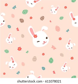 Seamless Easter pattern with flowers,bunnies, butterfly and easter eggs on nude background. Vector illustration.