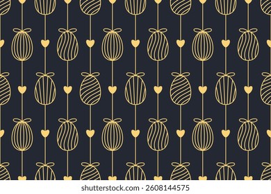 Seamless Easter pattern with golden hanging eggs and hearts. Elegant vertical line art for wrapping paper, cards, textile, digital paper, seasonal design, spring decoration
