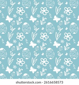  Seamless Easter Pattern with Hand-Drawn Eggs, Flowers, and Butterflies on Blue Background