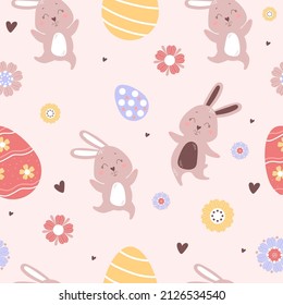 Patrón de Pascua sin Marea. Felices conejitas de Pascua en un fondo claro con huevos de Pascua y flores. Ilustración vectorial Para diseño, decoración, impresión, embalaje y papel tapiz